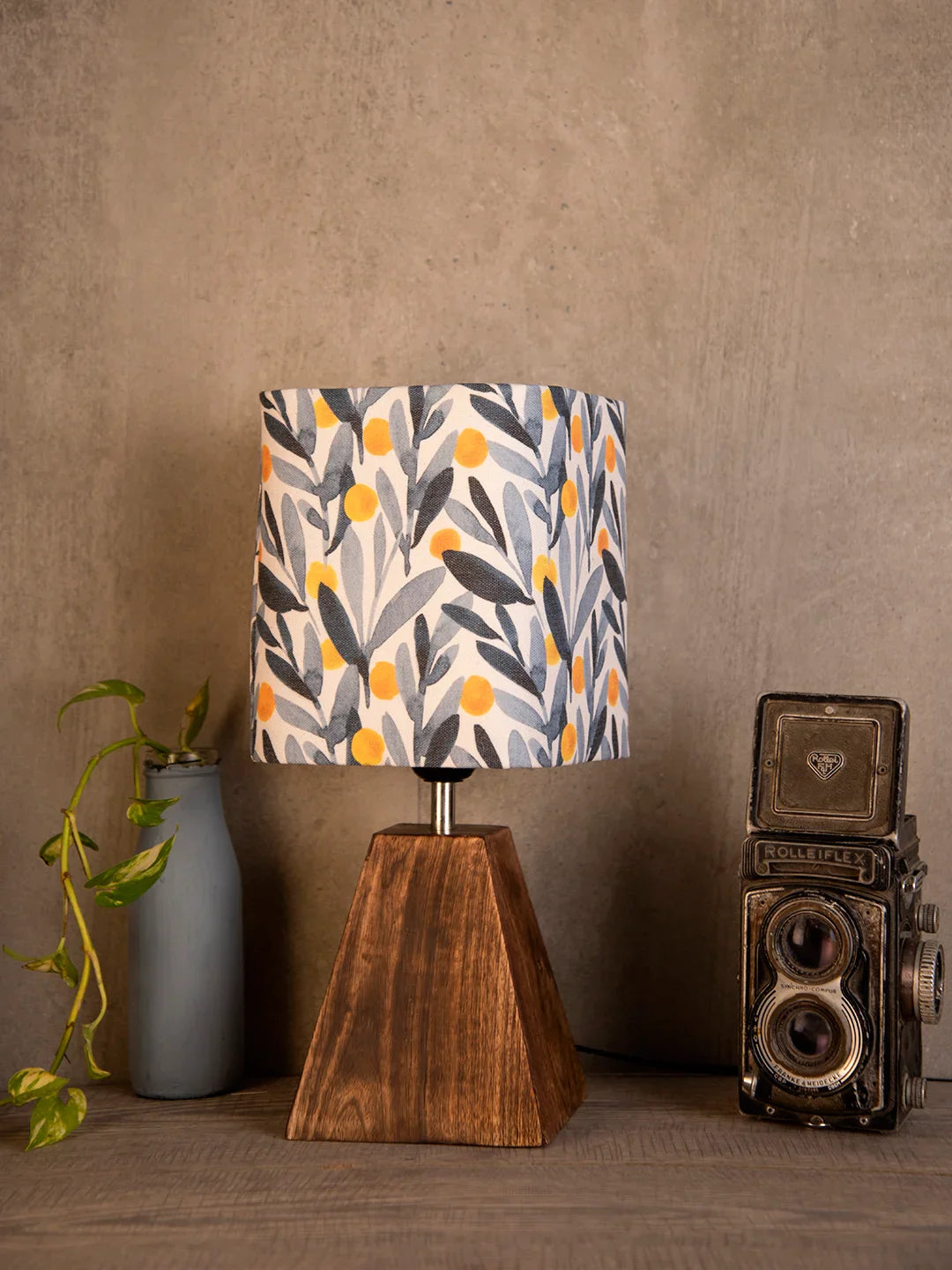 Wooden Pyramid Lamp with Leafy Print Lamp Shade