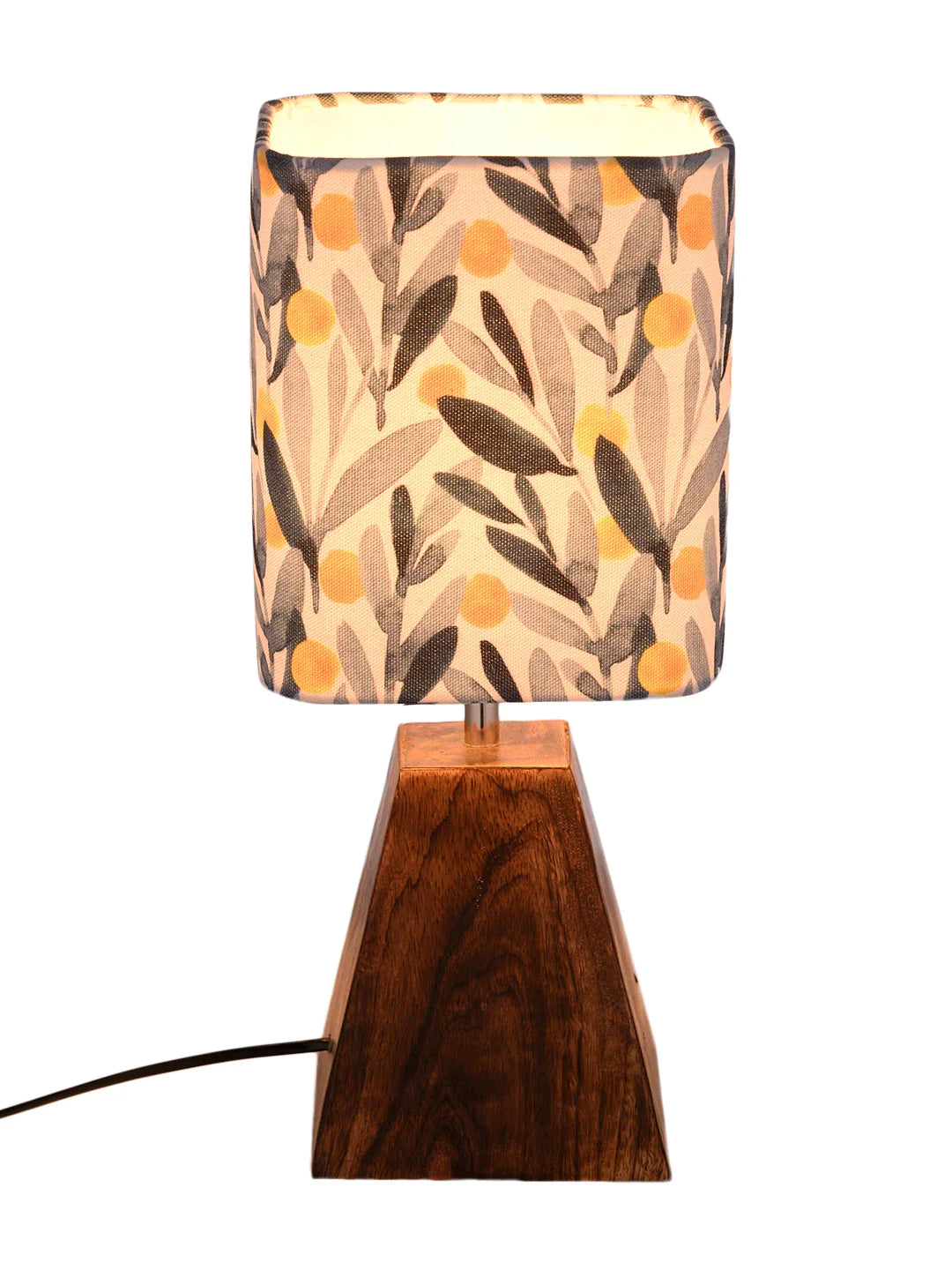 Wooden Pyramid Lamp with Leafy Print Lamp Shade