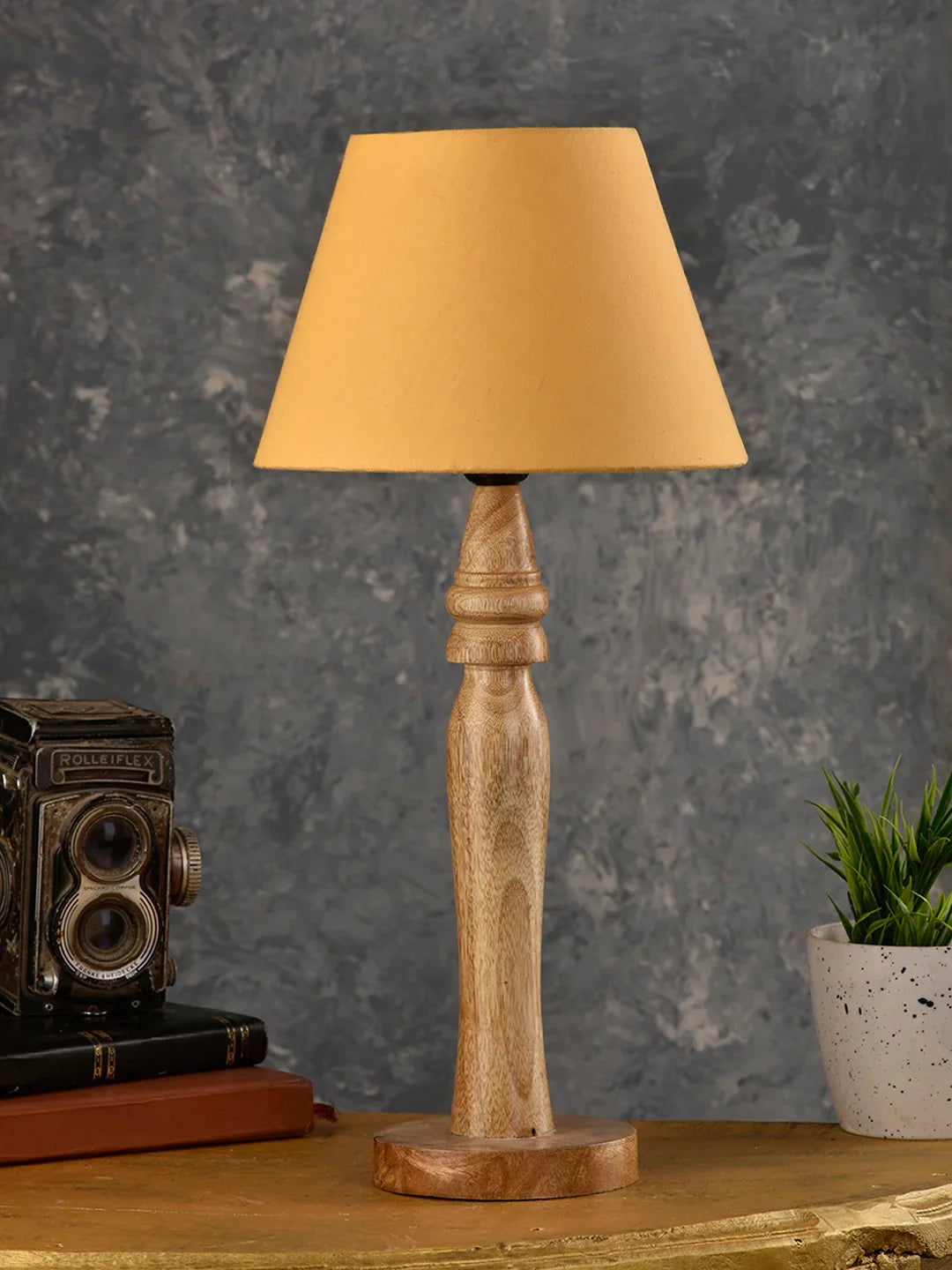 Green girgit Round Brown Lamp with Taper Yellow Cotton Shade