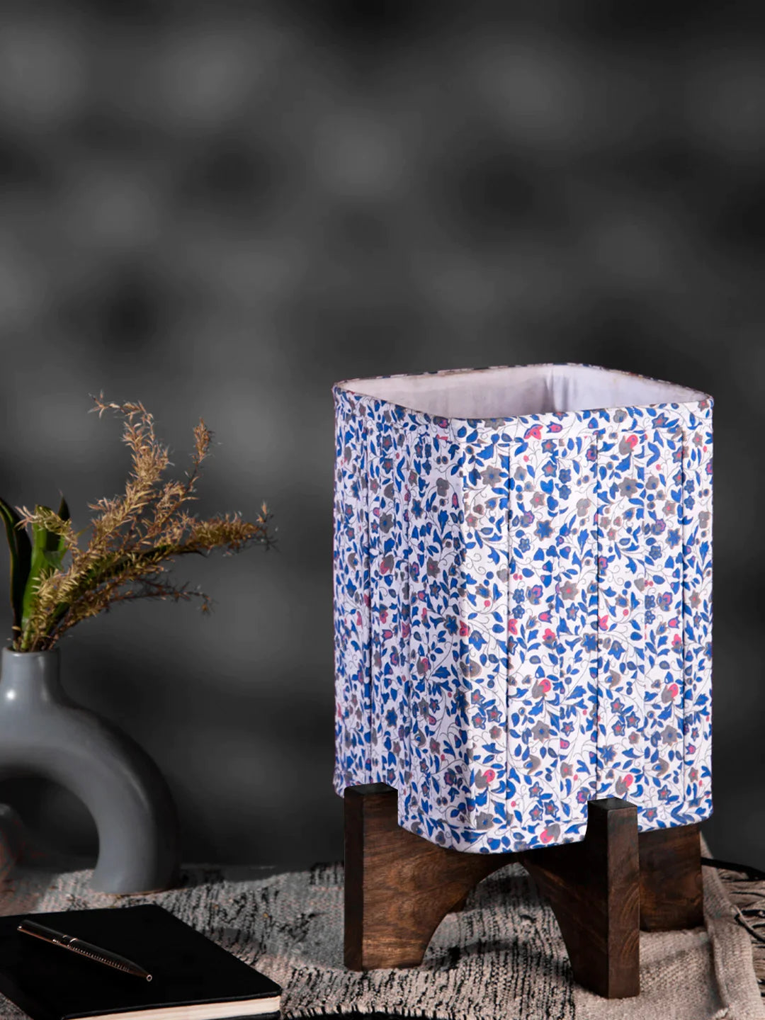 Wooden Brown Base Lamp with pleeted Blue Tinyleaves Soft Shade