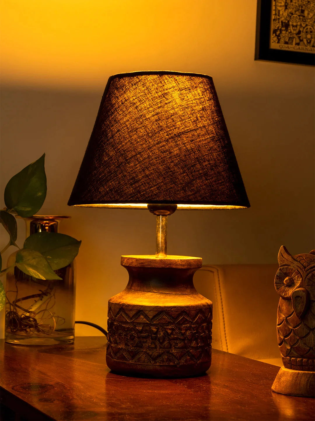 Wooden Carved Lamp with Taper Cotton Black Shade