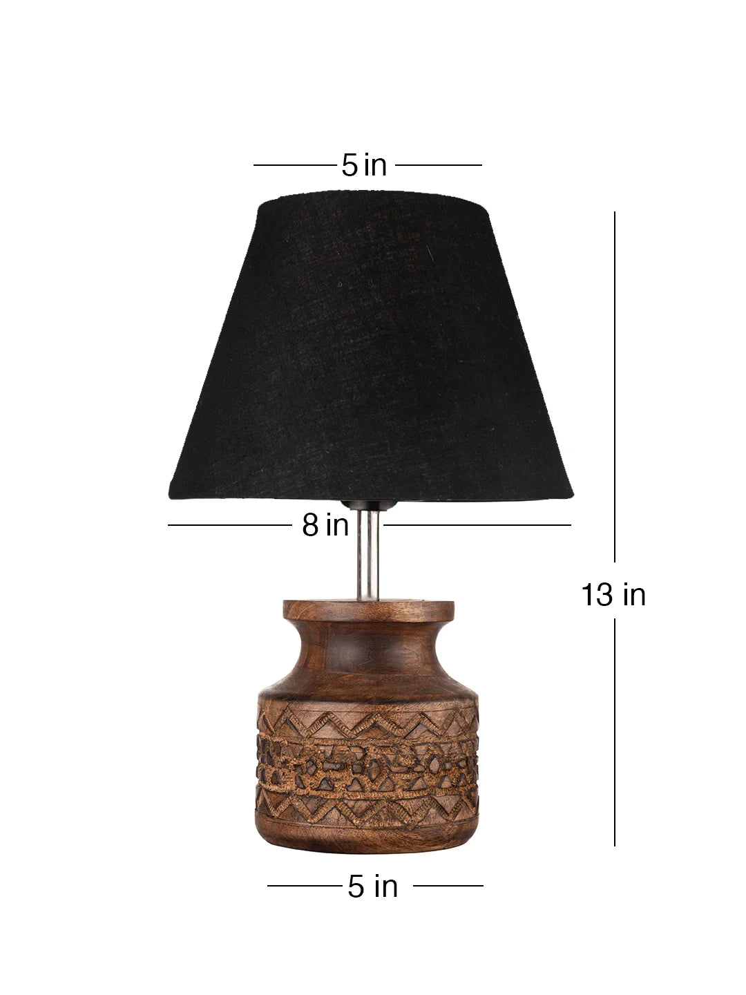 Wooden Carved Lamp with Taper Cotton Black Shade
