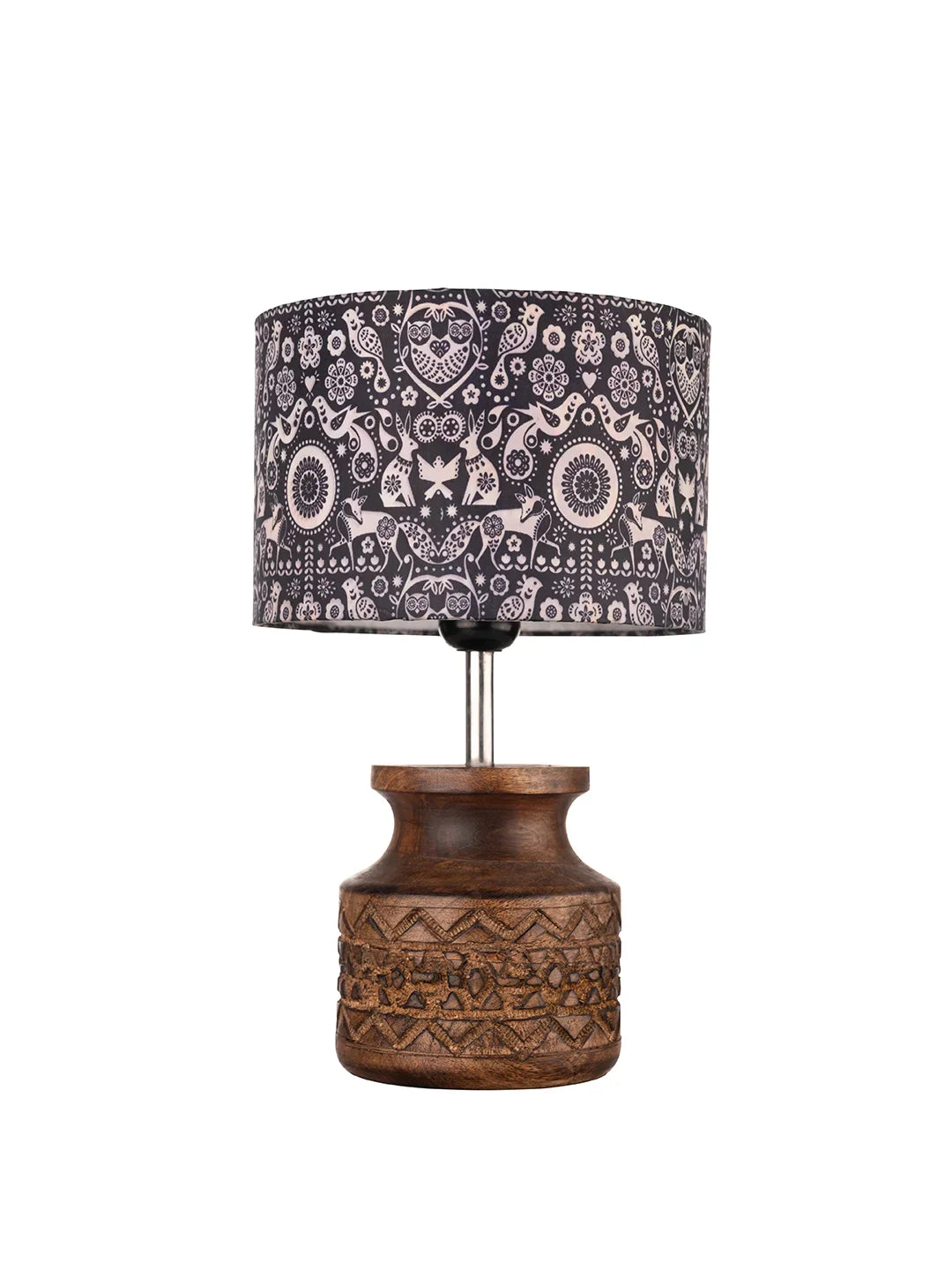 Wooden Carved Lamp with Indian Art Multicolor Shade