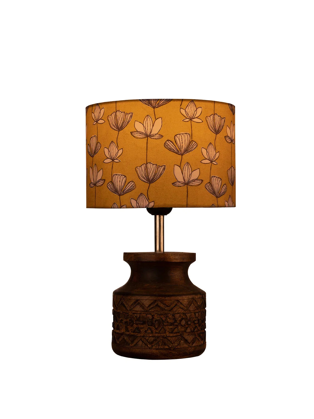 Wooden Carved Lamp with Mustard Flora Multicolor Shade