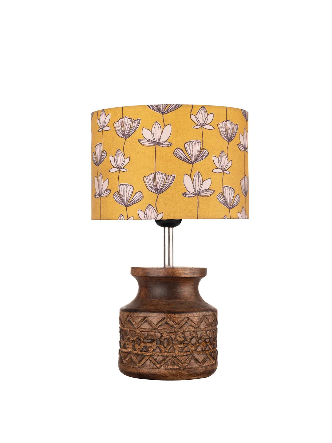 Wooden Carved Lamp with Mustard Flora Multicolor Shade