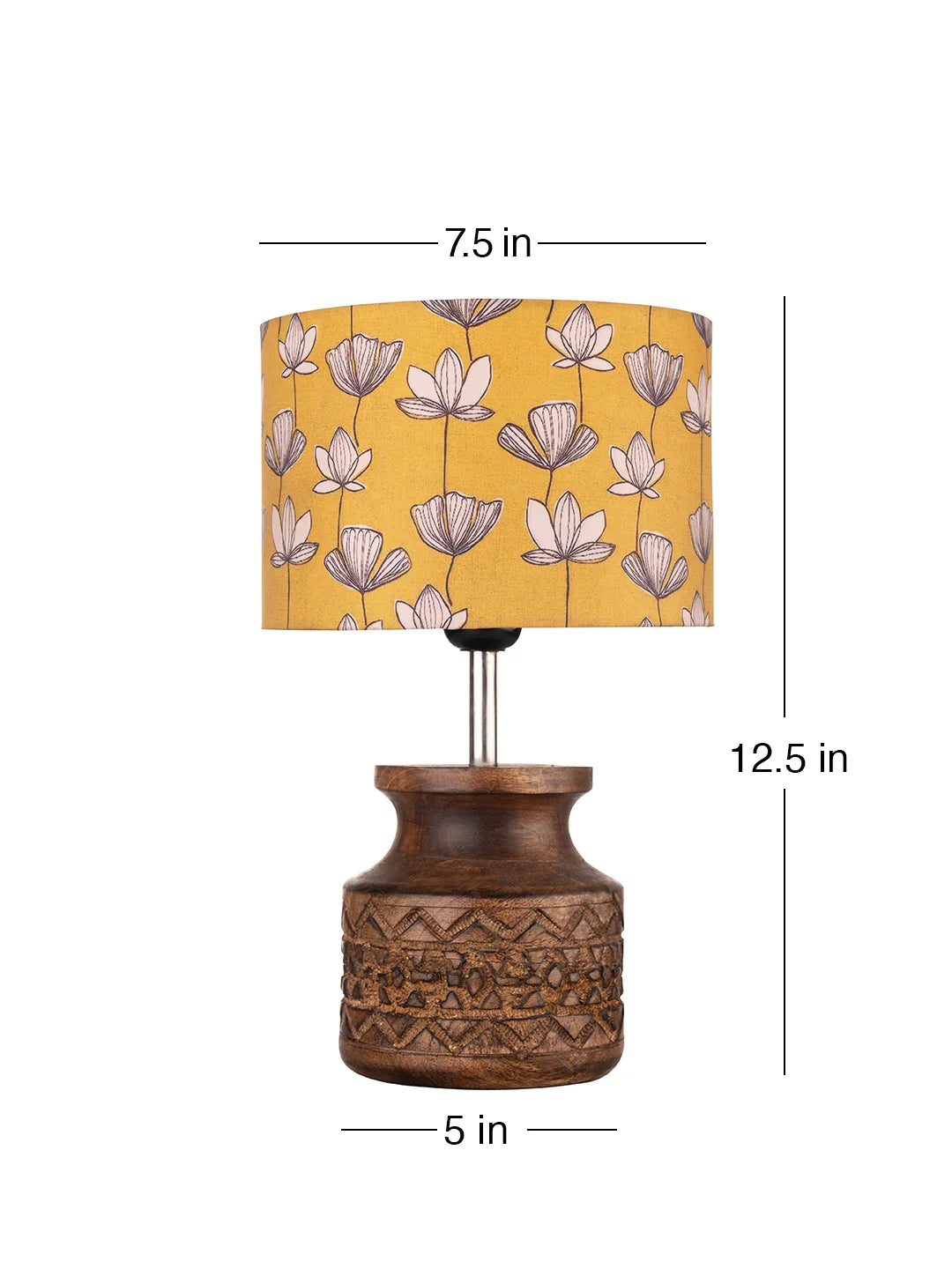 Wooden Carved Lamp with Mustard Flora Multicolor Shade