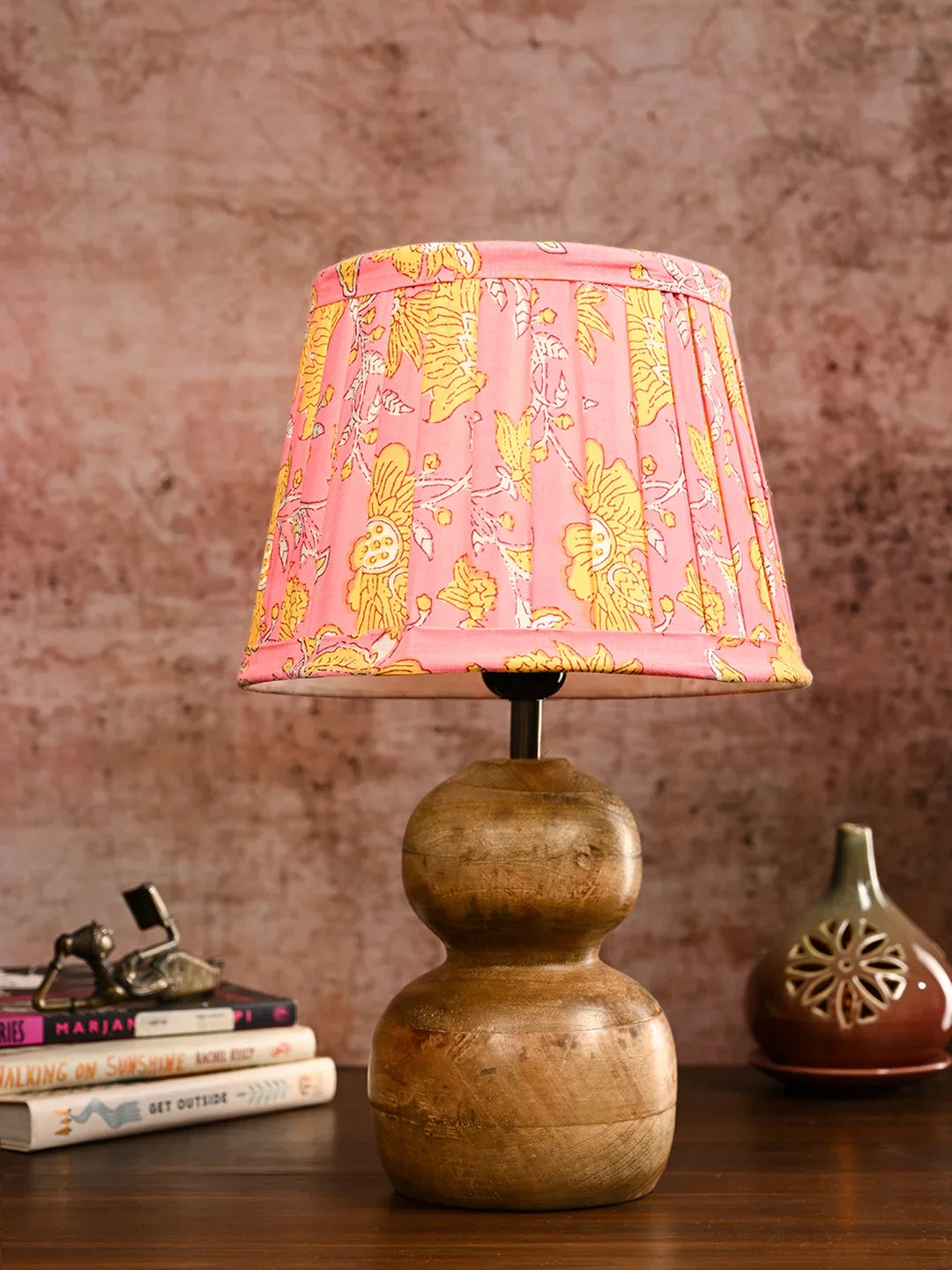 Wooden Double Dome Table Lamp with Pleeted Colorful Pink Taper Shade