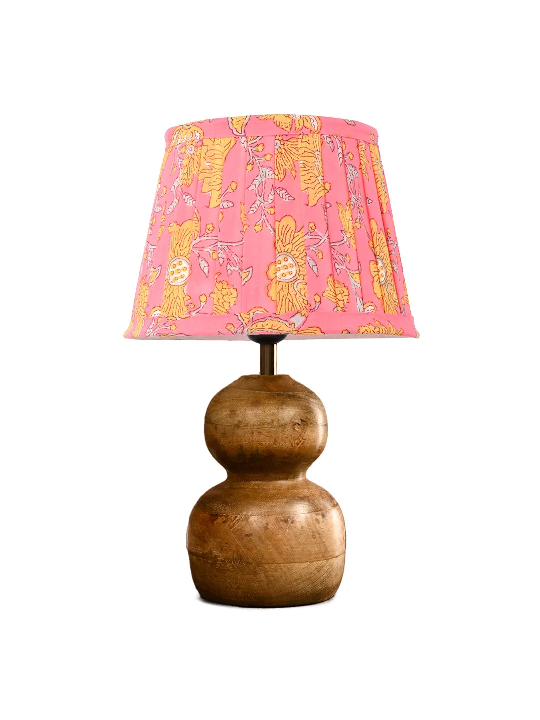 Wooden Double Dome Table Lamp with Pleeted Colorful Pink Taper Shade
