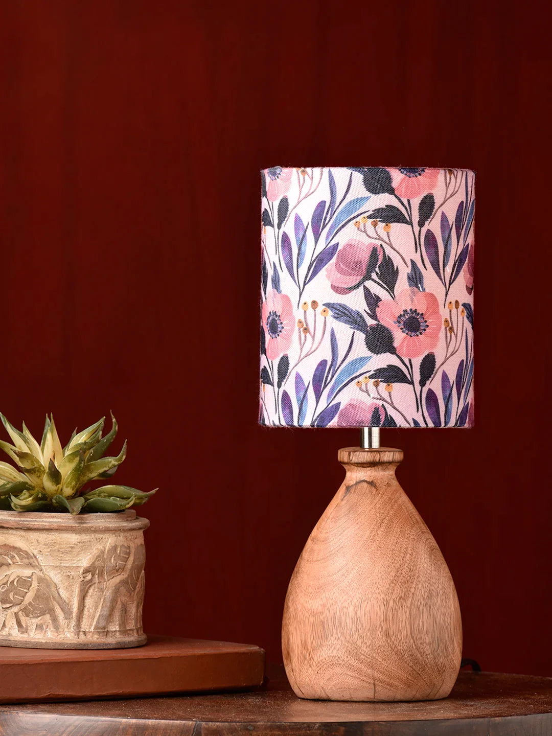 Wooden Dome Table Lamp Pink Floral Shade