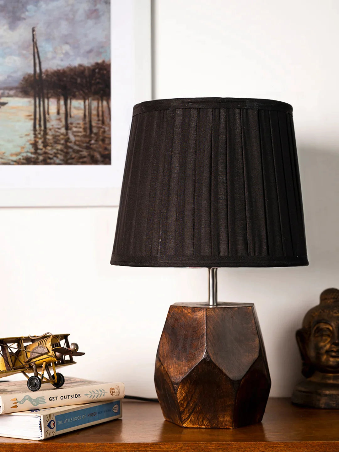 Wooden Hexa Lamp with Pleeted Cotton Black Shade