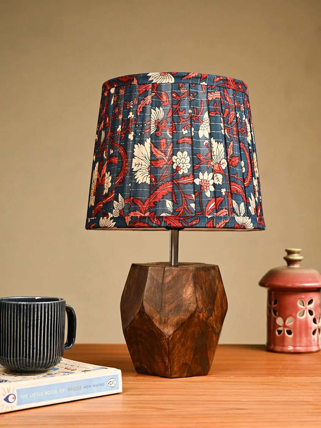 Hexa Wooden Lamp with Pleeted Multicolor Blue Shade