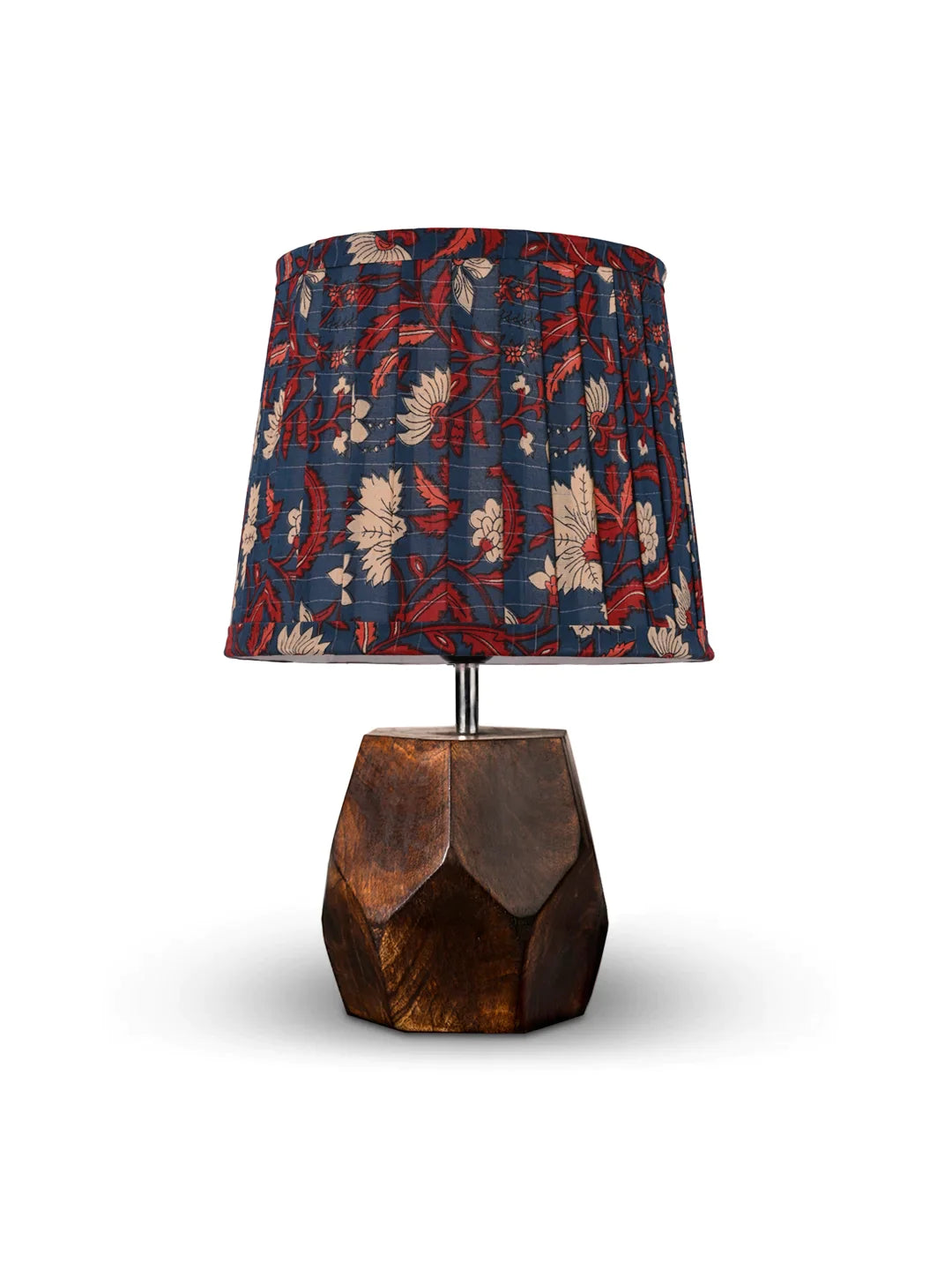 Hexa Wooden Lamp with Pleeted Multicolor Blue Shade