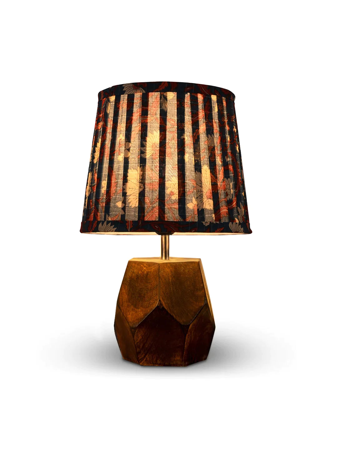 Hexa Wooden Lamp with Pleeted Multicolor Blue Shade