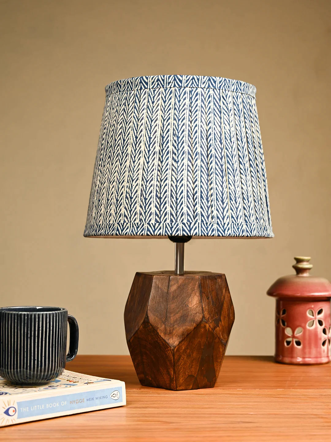 Hexa Wooden Lamp with Pleeted Multicolor Grey Shade