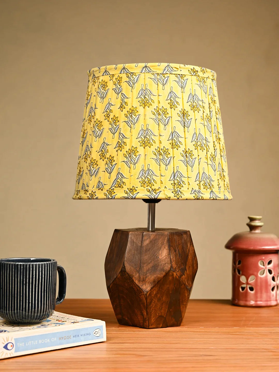 Hexa Wooden Lamp with Pleeted Multicolor Lemon Shade