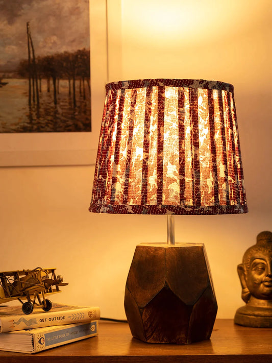 Wooden Hexa Lamp with Pleeted Multicolor Maroon Shade