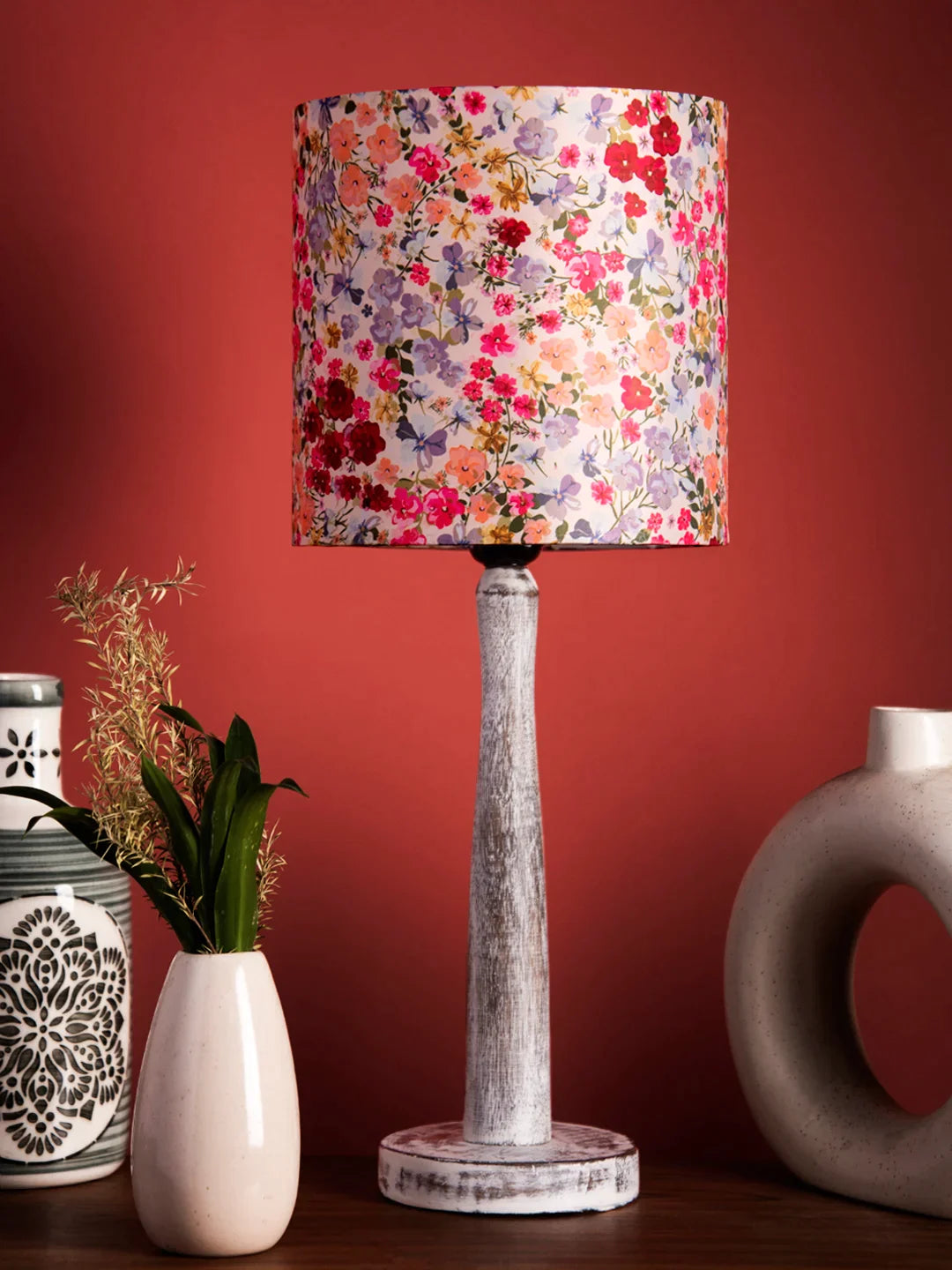 Distress White Wooden Lamp with Tiny Flowers Shade