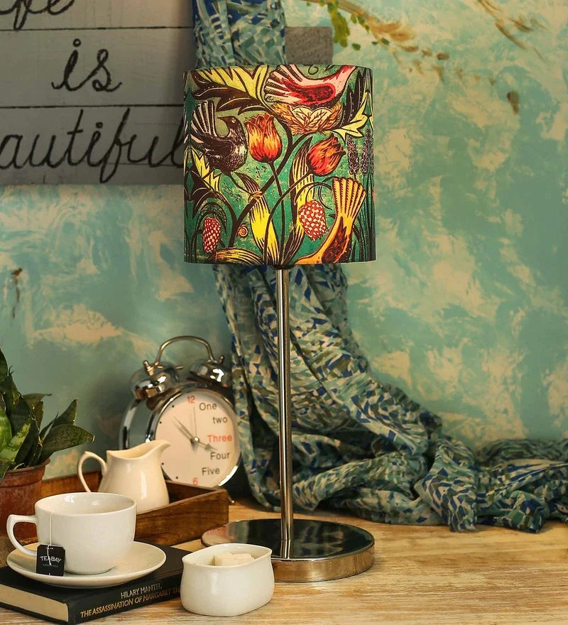 Metal Chrome Finishe Lamp with Multicolor Wild Birds Lamp Shade