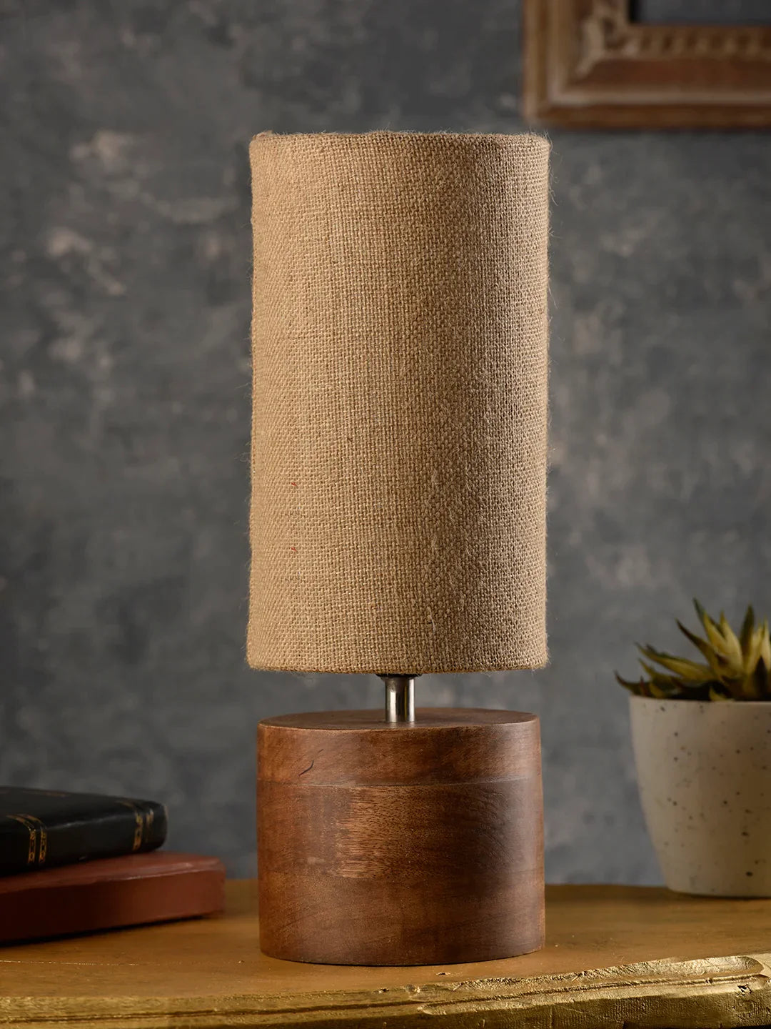 Wooden Log Table Lamp with Brown Jute Shade