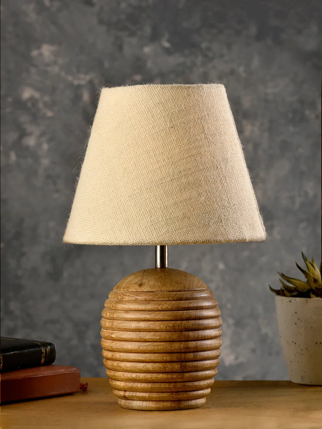 Striped Wooden Brown Lamp with White Jute Shade