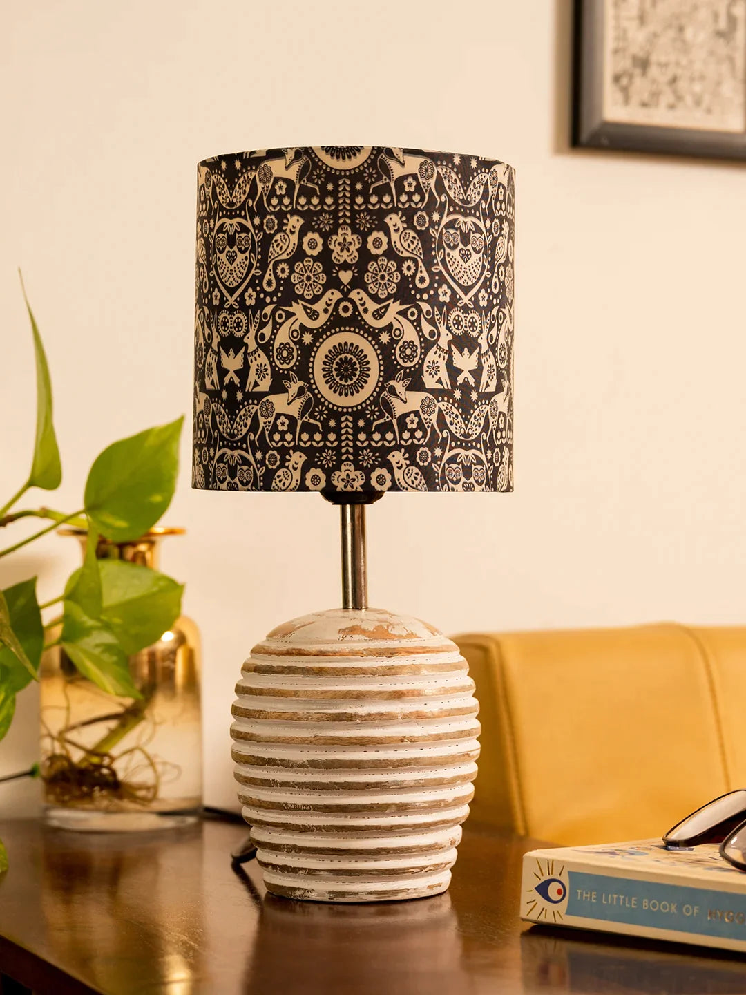 Stripped Distress White Lamp with Indian Art multicolor shade