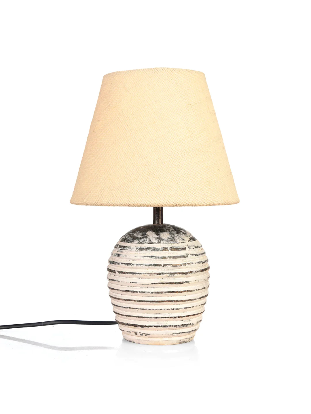 Striped Wooden White Lamp with White Jute Shade