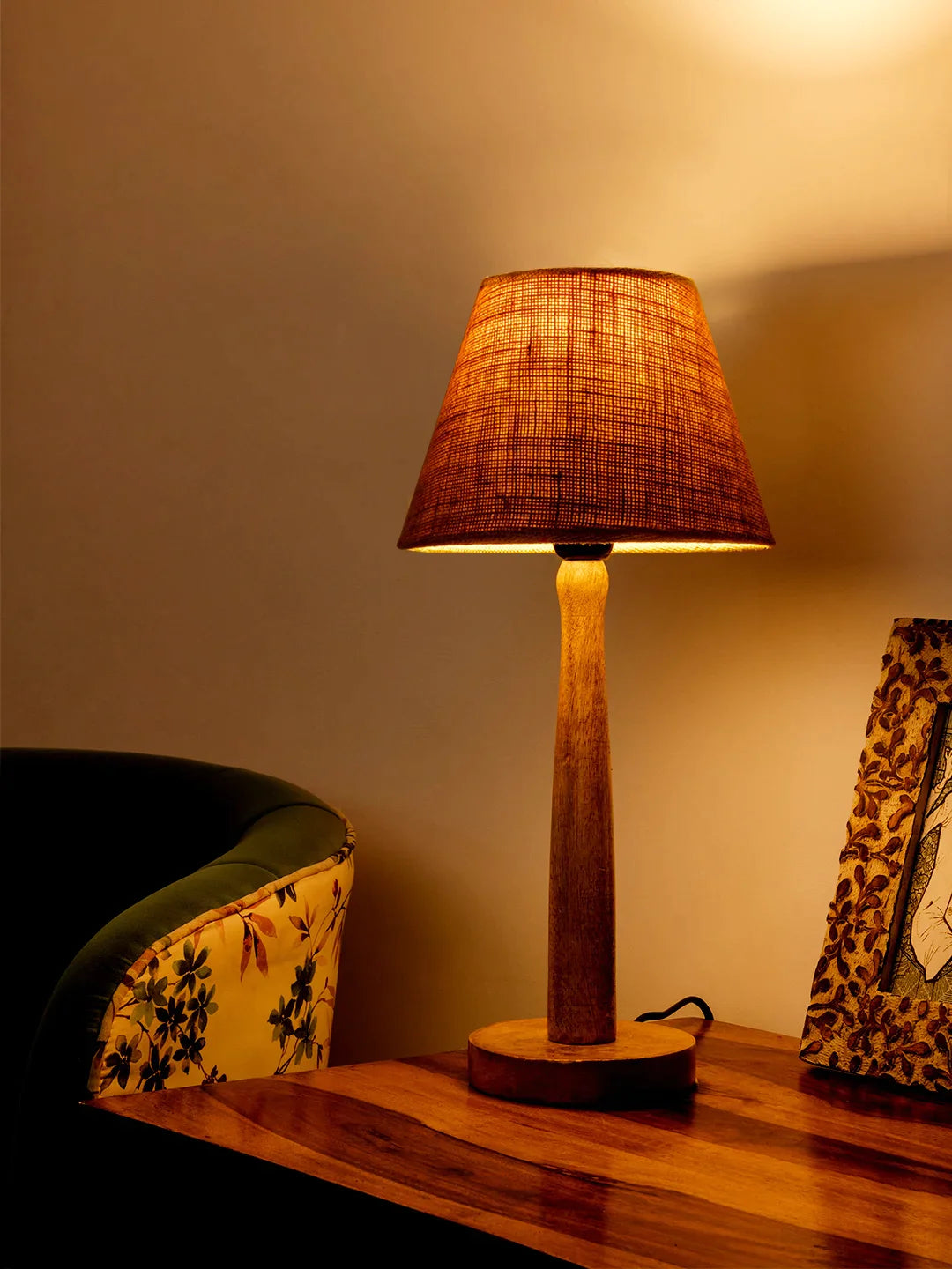 Wooden Brown Lamp with Taper Brown Jute Shade