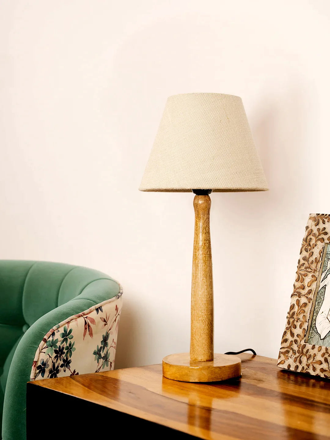 Wooden Brown Lamp with Taper White Jute Shade