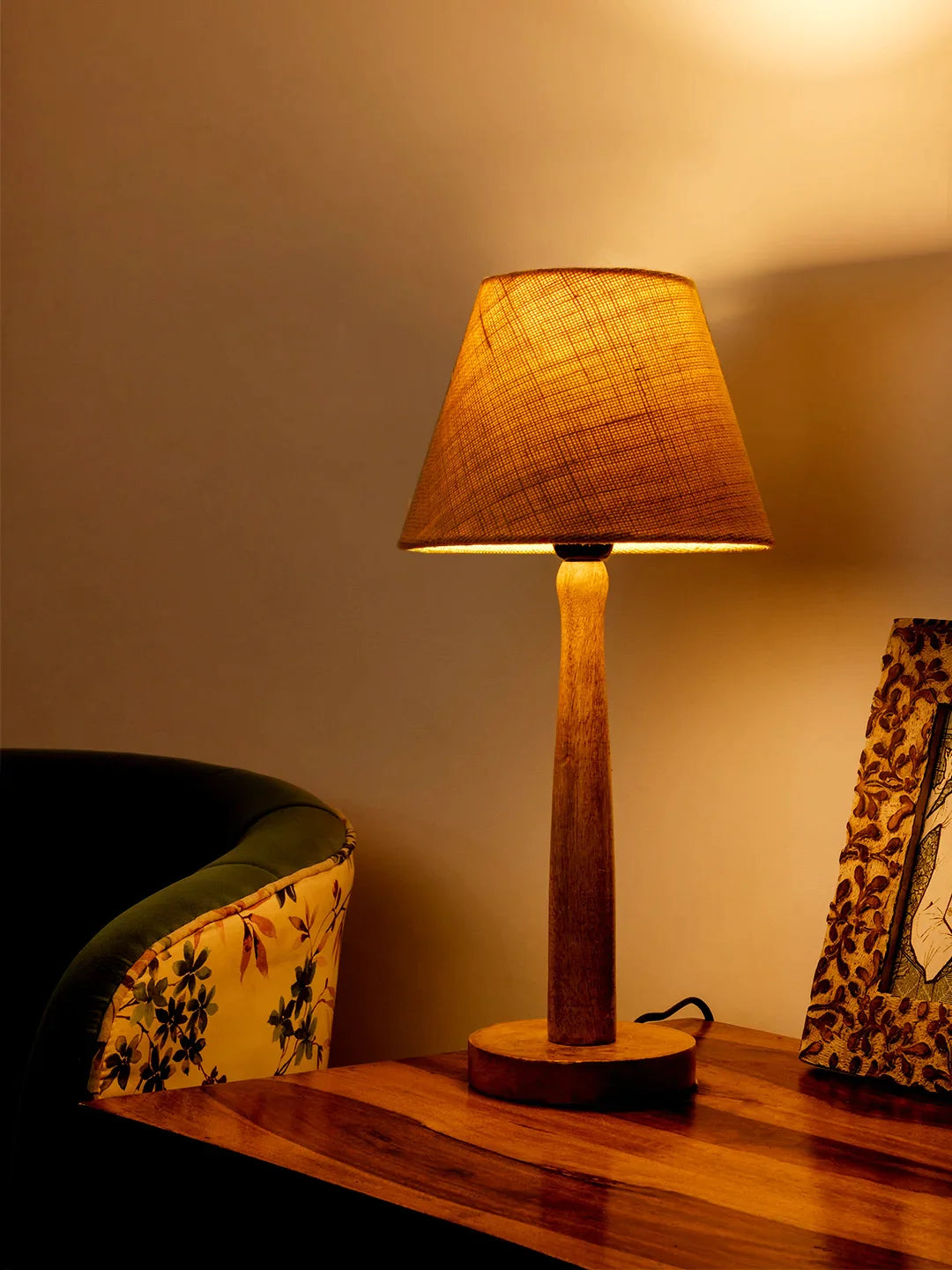 Wooden Brown Lamp with Taper White Jute Shade