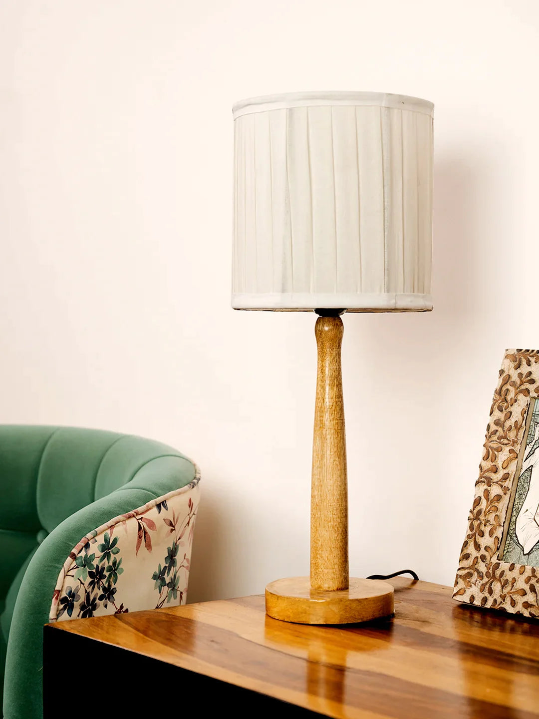 Wooden Brown Lamp with pleeted White Shade