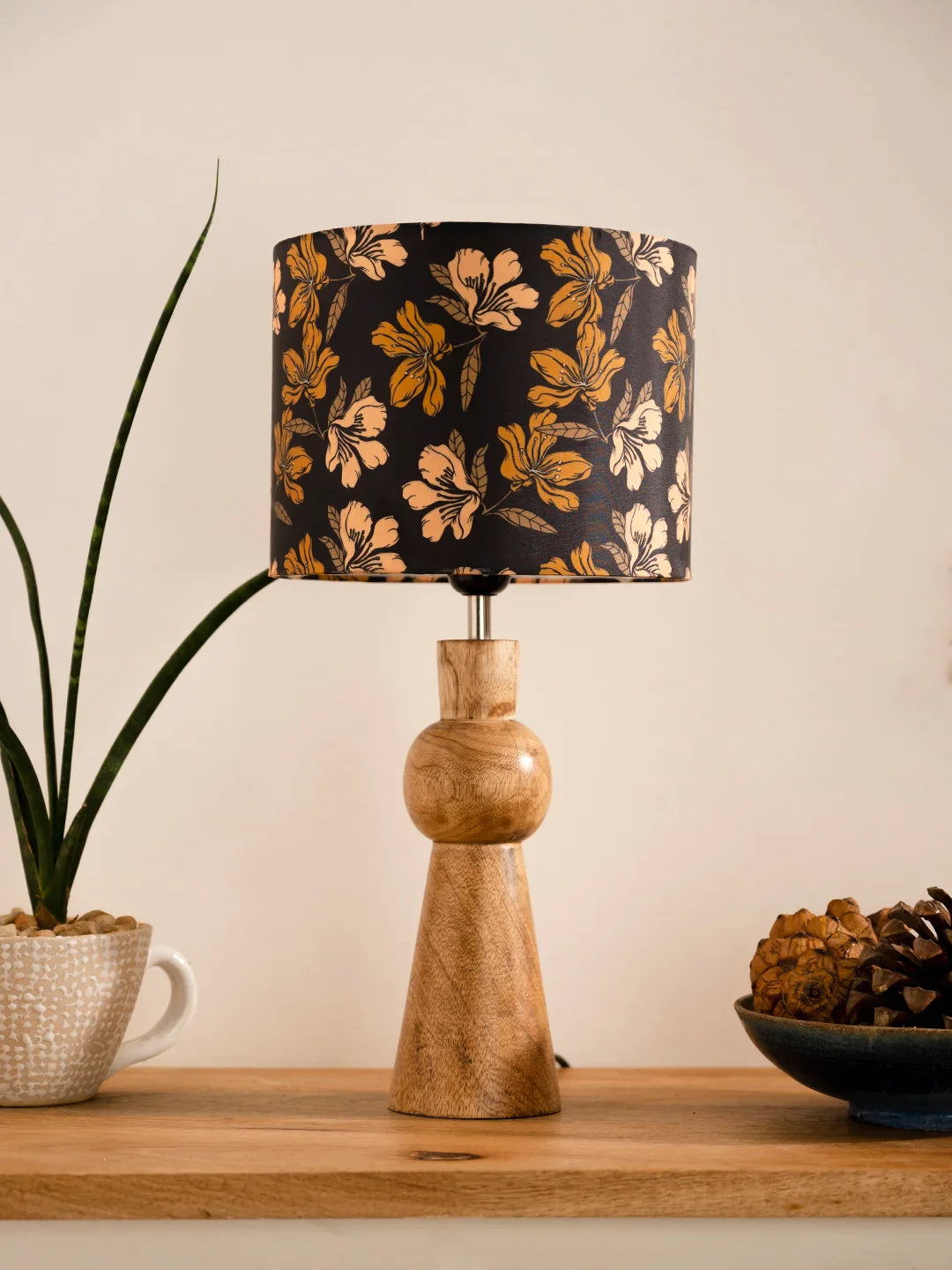 Wooden Skirt Lamp with Multicolor Black Floral Shade