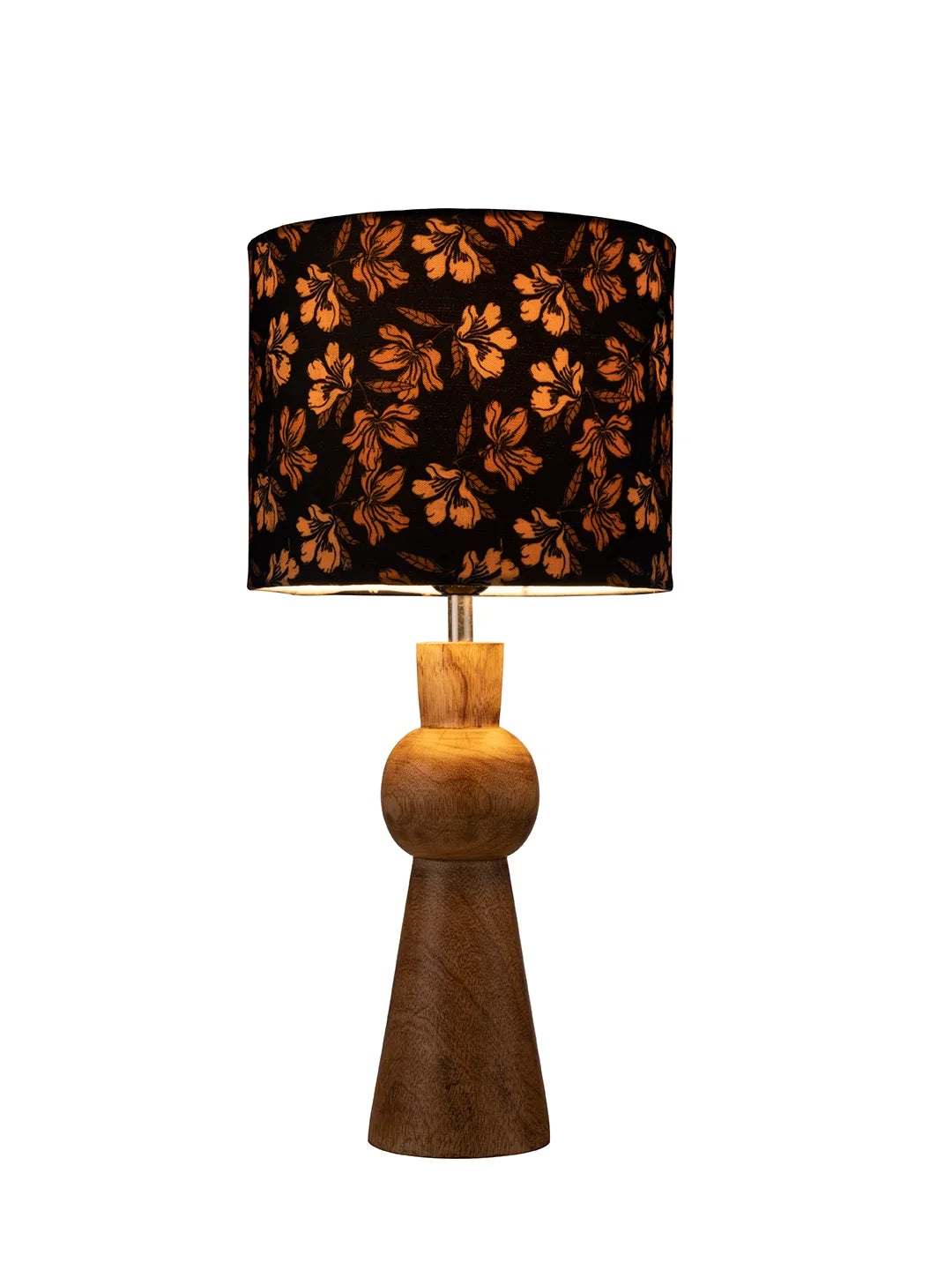 Wooden Skirt Lamp with Multicolor Black Floral Shade