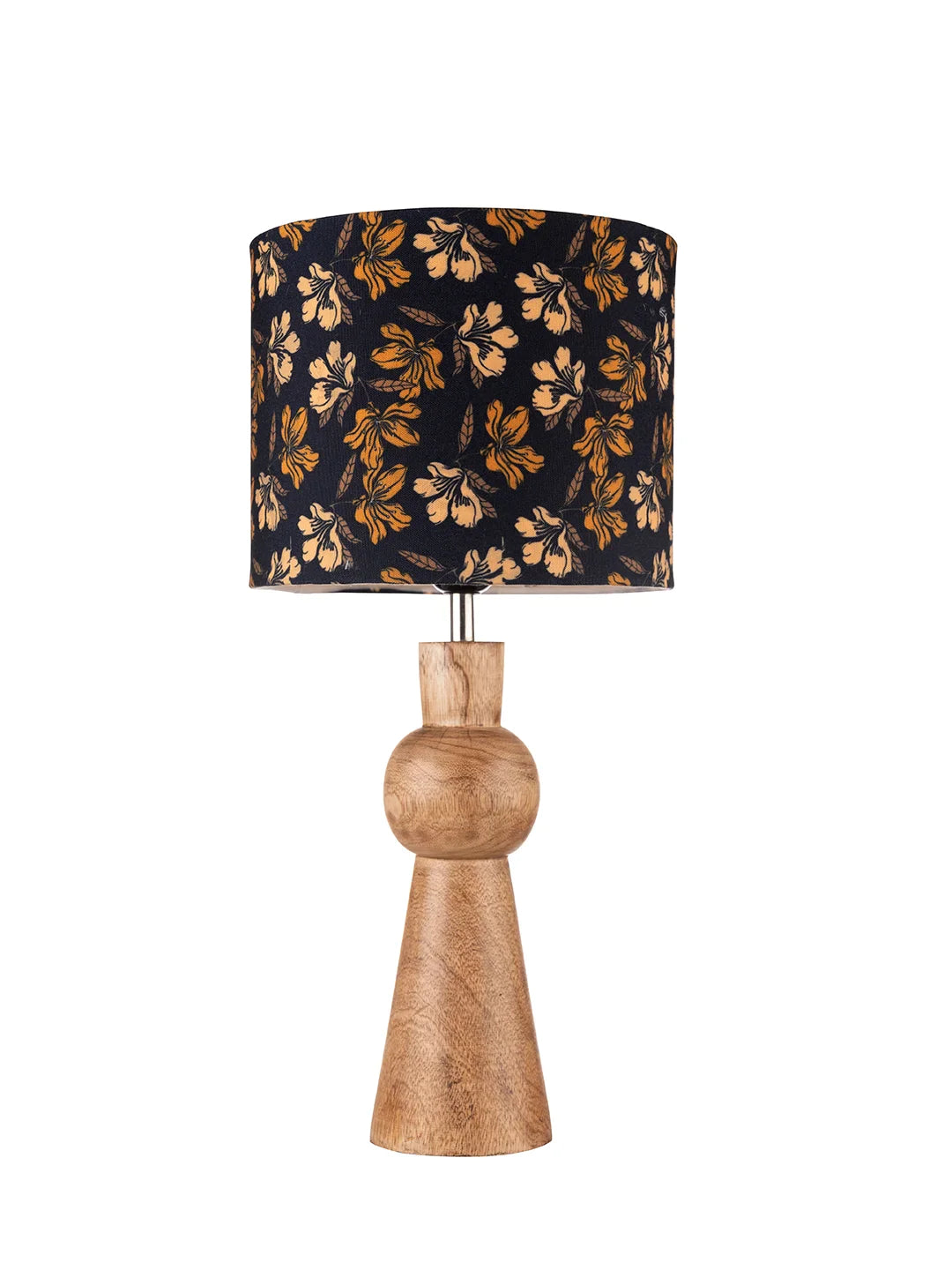 Wooden Skirt Lamp with Multicolor Black Floral Shade