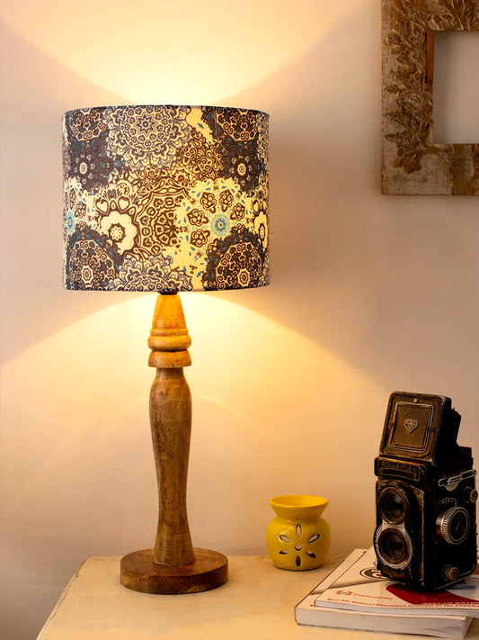 Wooden Round Lamp with Blue Batik Lamp Shade
