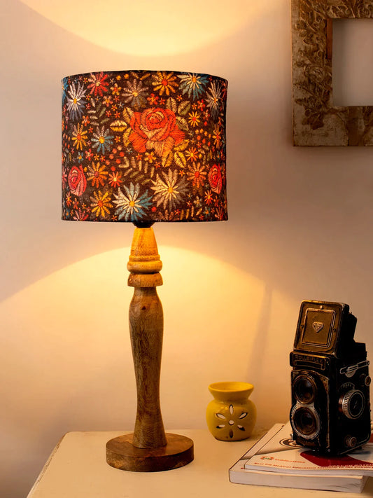 Wooden Round Lamp with Black Floral Stich Lamp Shade