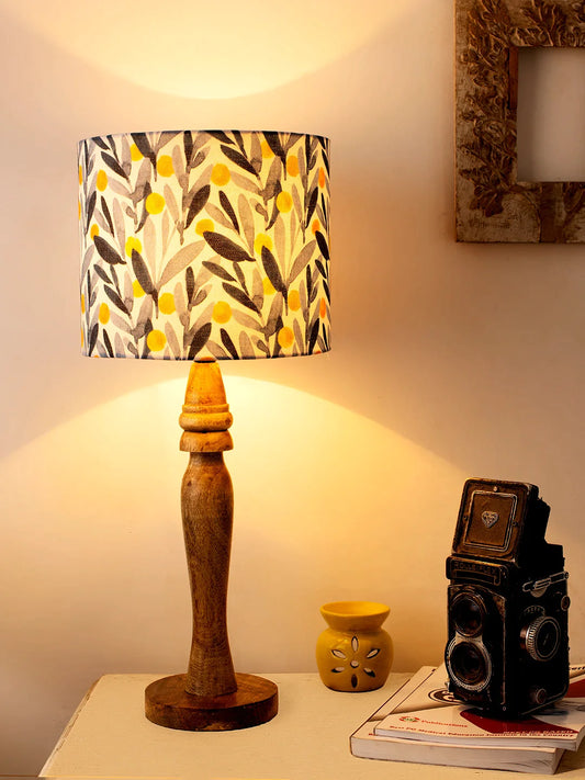 Wooden Round Lamp with Leafy Print Lamp Shade