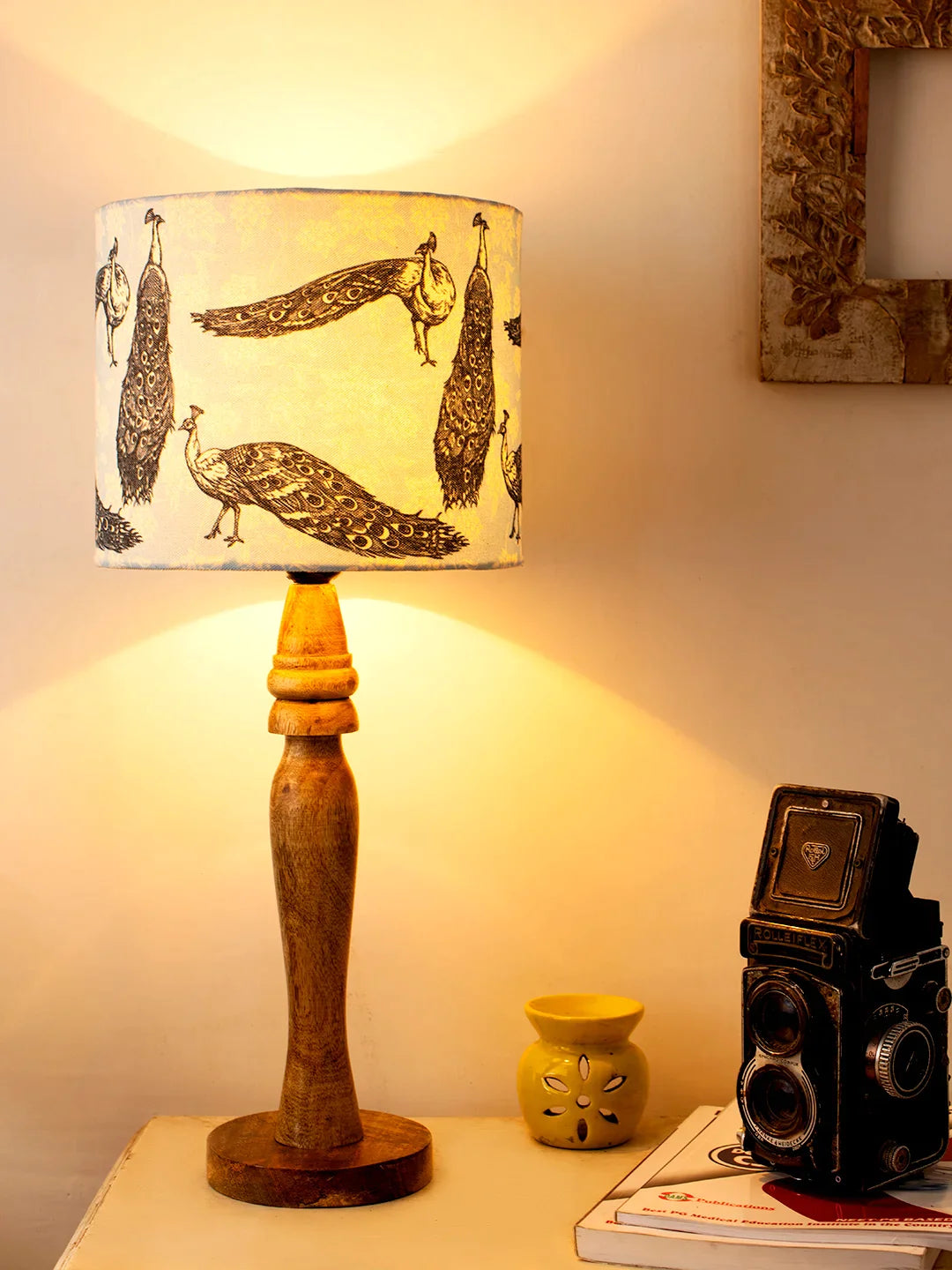 Wooden Round Lamp with Wandering Peacock Lamp Shade