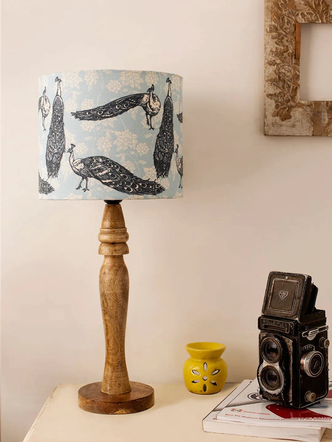 Wooden Round Lamp with Wandering Peacock Lamp Shade
